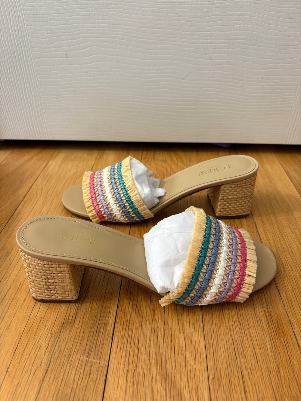 J. Crew Beige Raffia Multicolor Striped Block-Heel Mules - Picture 2 of 4